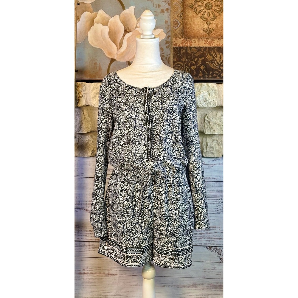 Loft Navy White Paisley Romper Roll Tab Sleeves Drawstring Waist Size 0